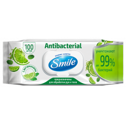 SMILE Серветка волога Antibacterial з лаймом, 100 шт., з клапаном (9 шт/ящ) стікер