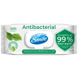 SMILE Серветка волога Antibacterial з подорожником, 100 шт., з клапаном (9 шт/ящ) new desing